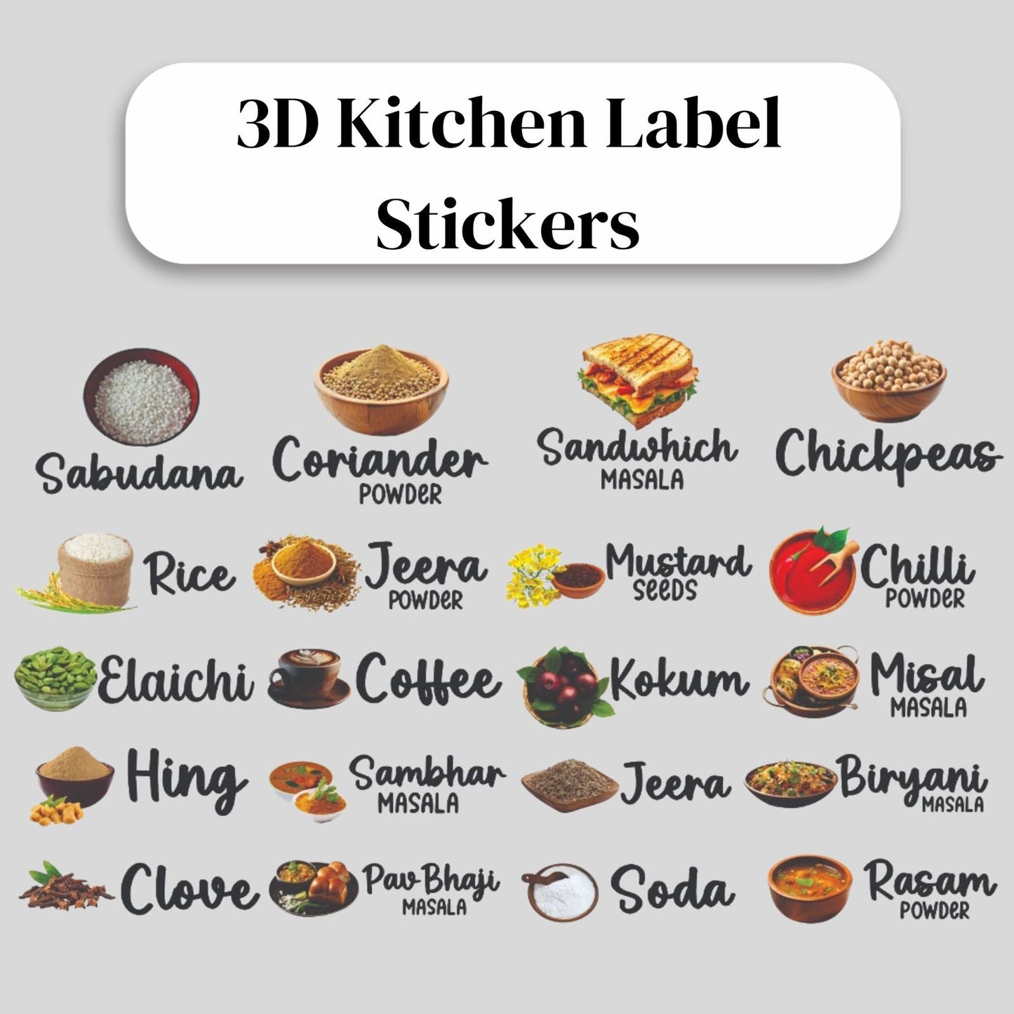 3D Kitchen Label Stickers (Set of 60 Stickers)